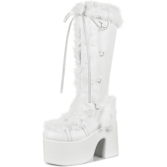 🆕Womens White Synthetic Mid Calf Lace Up Chunky High Heel Warm Fur Snow Boots - Picture 5 of 11